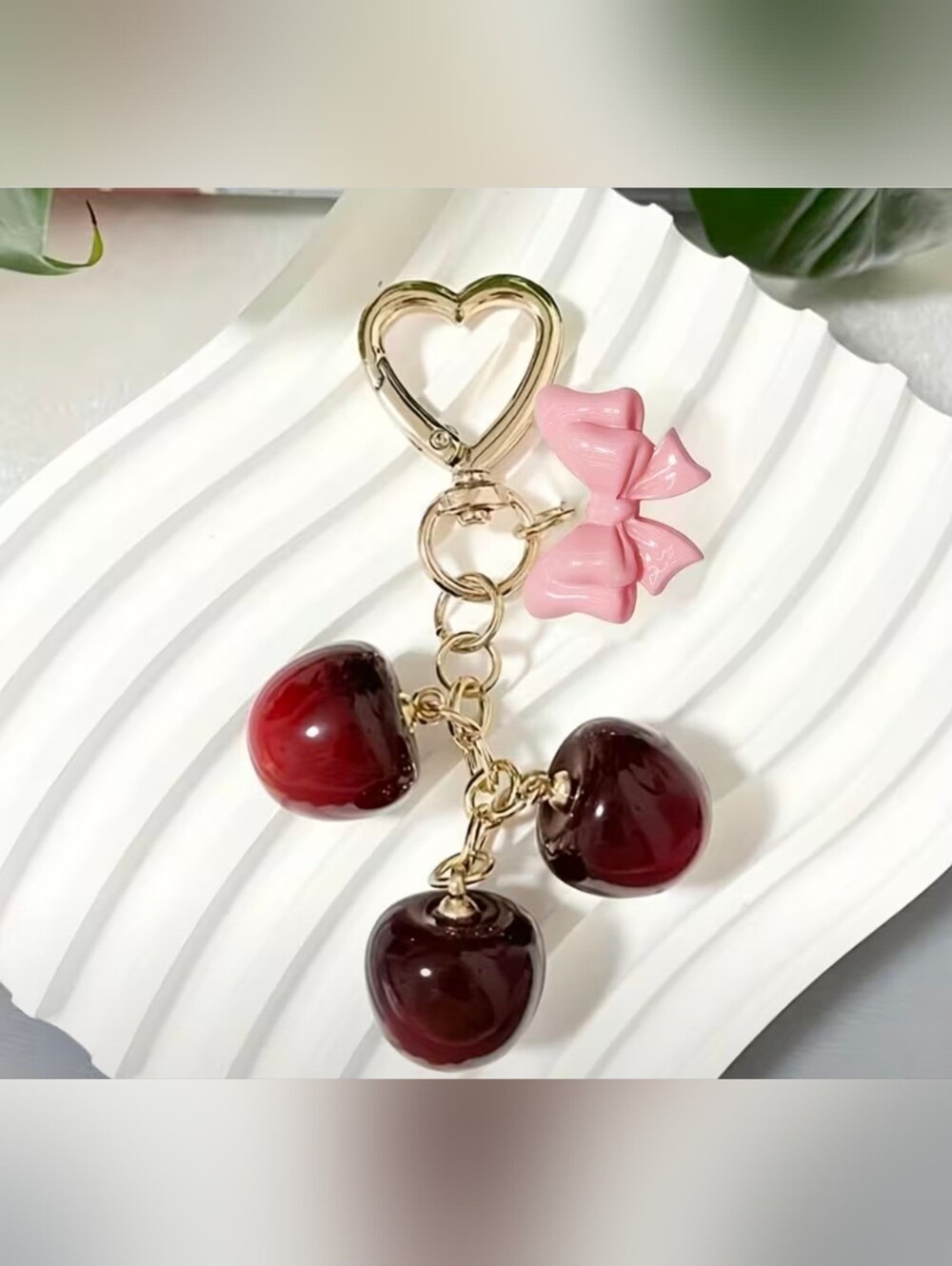 Gold-Tone Cherry Keychain Bag Charm Cell Pink Bow